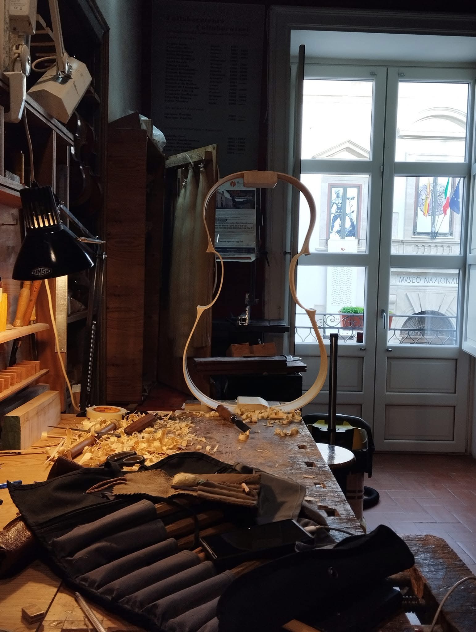 Violin making workbench in Fabio Nicotra atelier in Palermo
