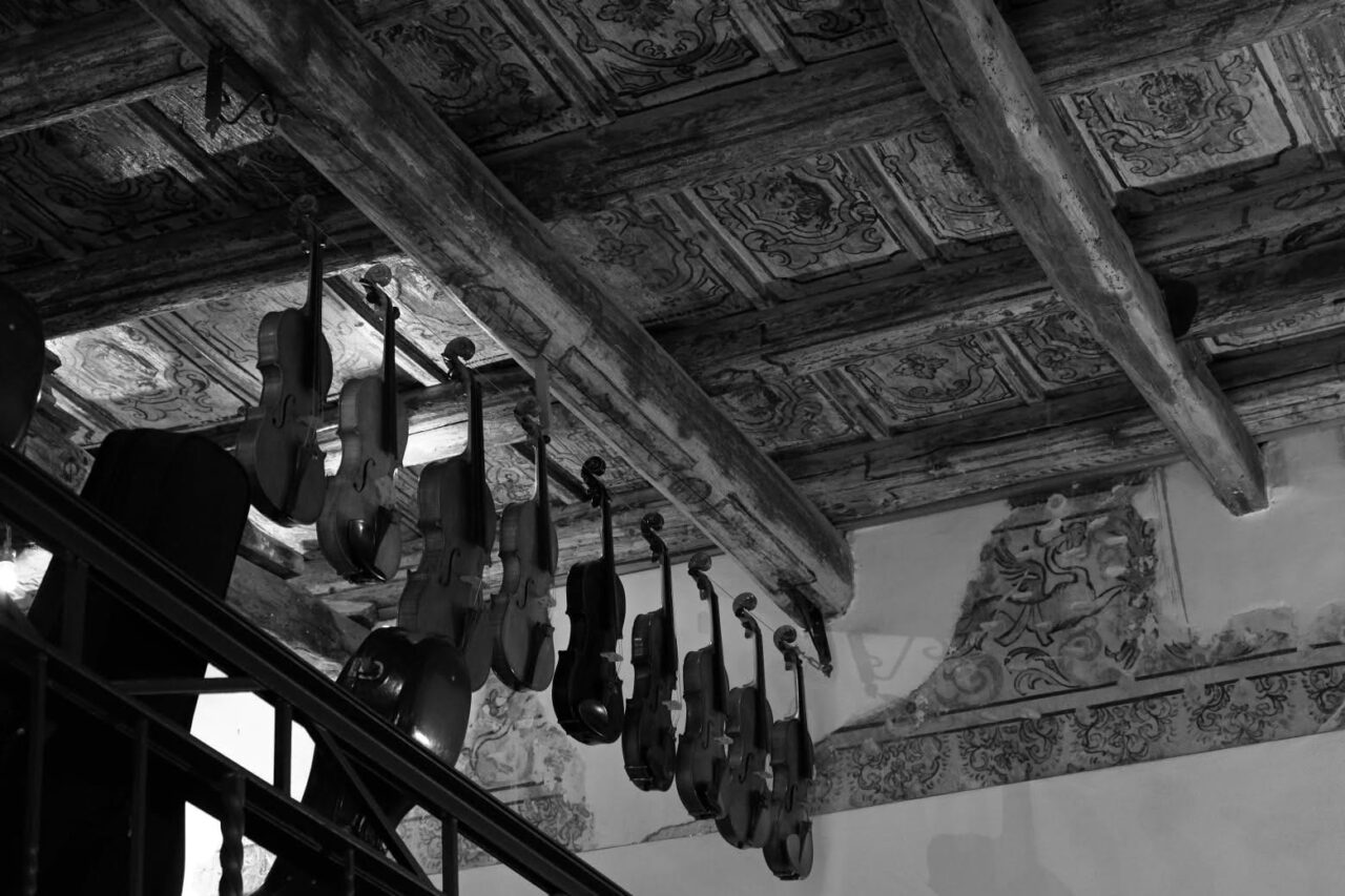 Violins inside the historic Fabio Nicotra atelier in Palermo