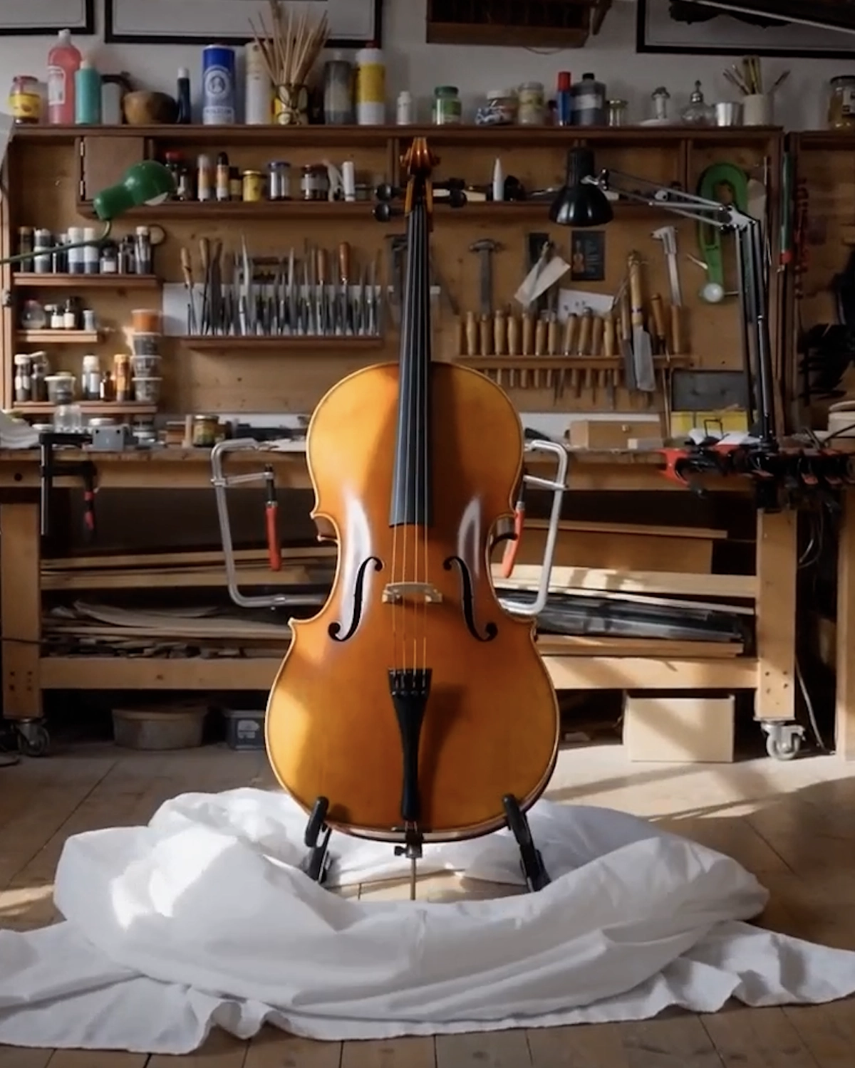 Handcrafted Fabio Nicotra cello in the violin maker's atelier in Palermo