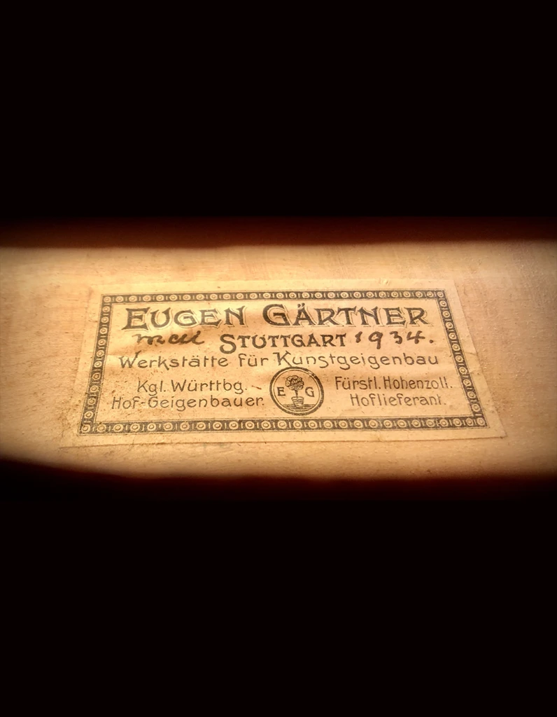 Certificate accompanying the Eugen Gartner violin, Stuttgart 1934