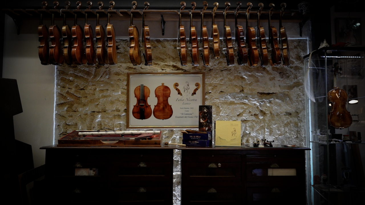Violins inside Fabio Nicotra atelier in Palermo
